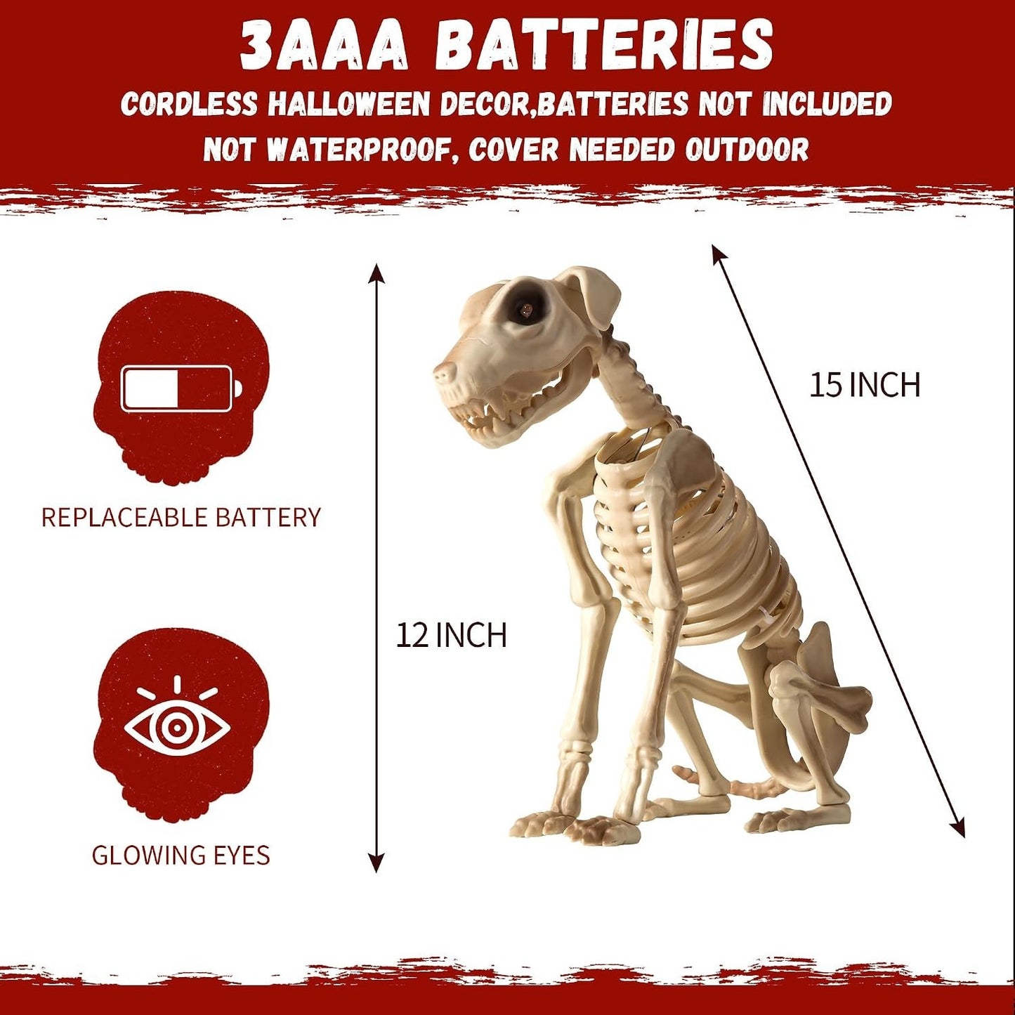 Halloween Animatronic Skeleton Dog Decoration 15 Inch, Sound & Touch Activated H