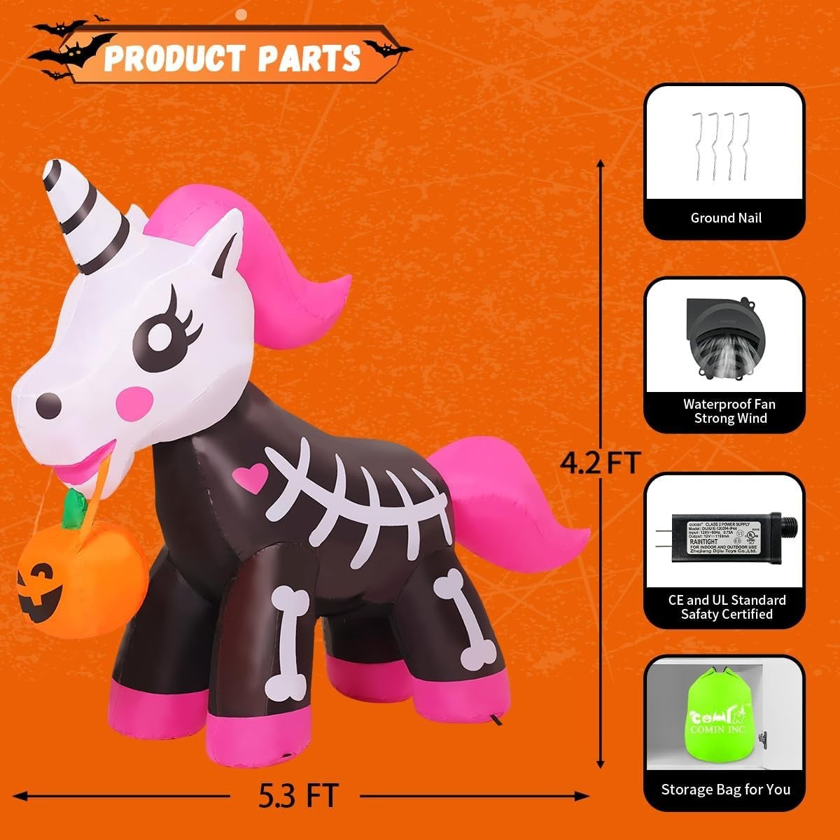 5 FT Halloween Inflatables Skeleton Unicorn Outdoor Decorations Blow up Yard Pin