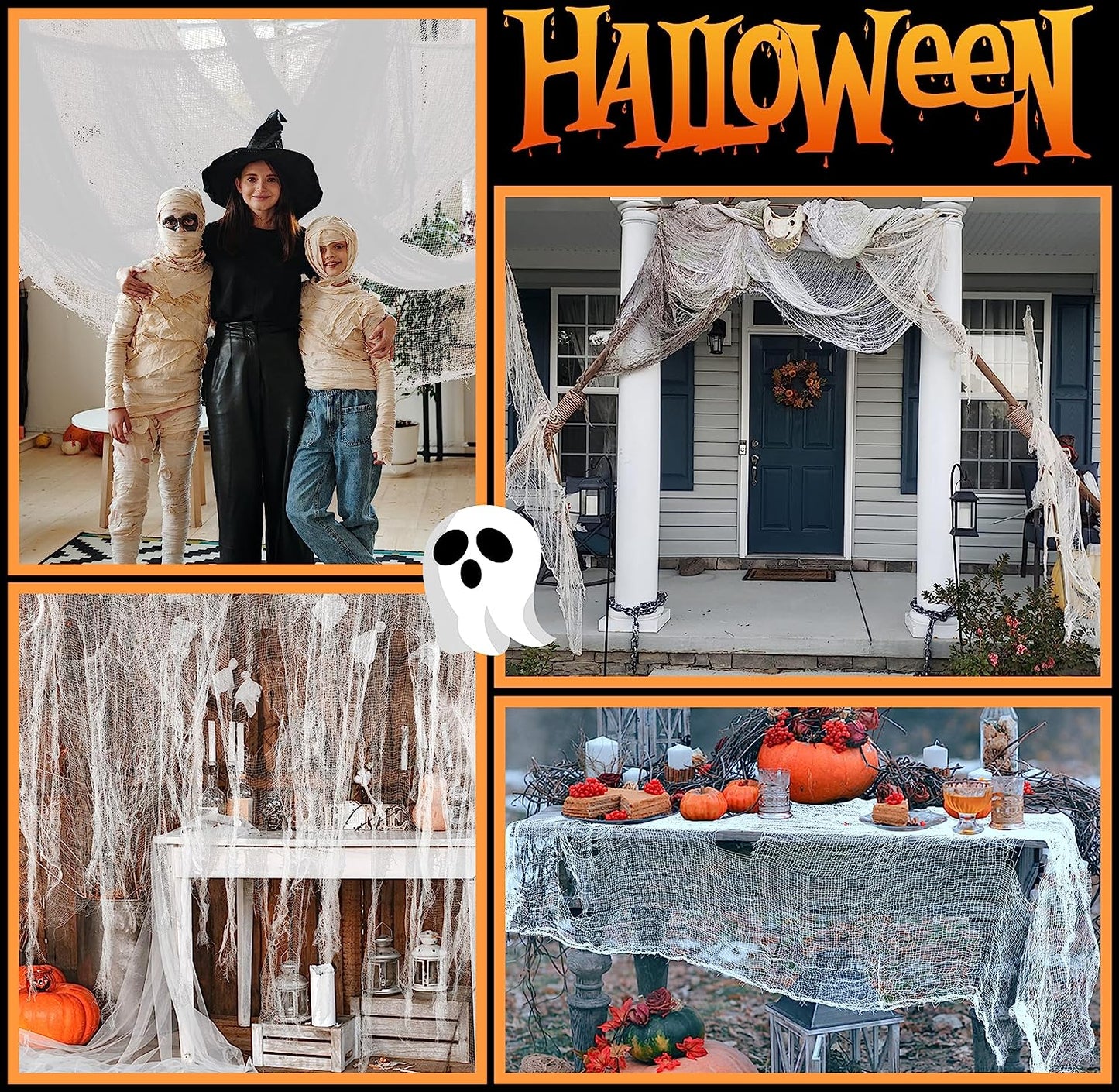 200" X 59" Halloween Spooky Cloth - Black Creepy Spooky Halloween Decorations - Large Size Scary Creepy Gauze for Halloween Party Supplies Stairway Window Table Doorways Decor (1.5X5.08, White)