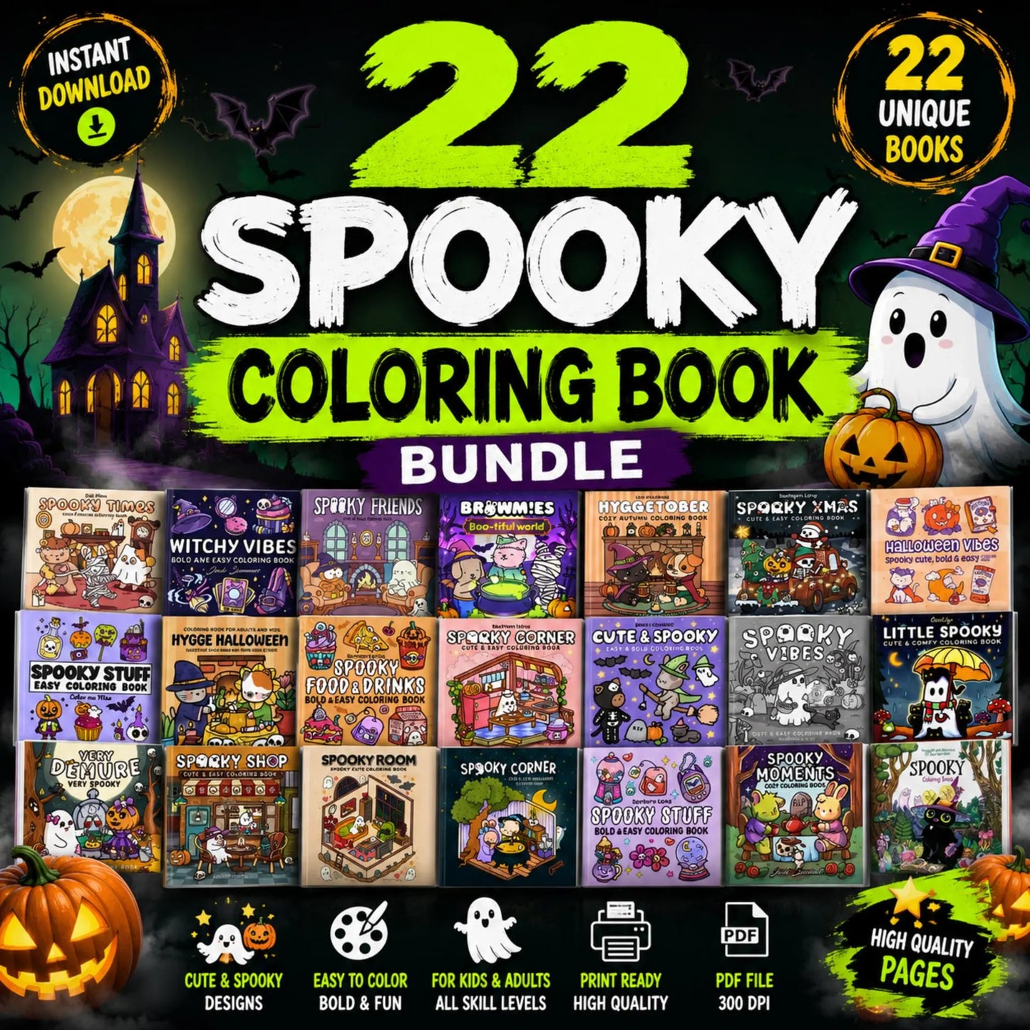 Spooky Coloring Book Bundle for Kids and Adults, 850+ Printable Pages PDF, Cozy Cute Witchy Halloween & Hygge Coloring Books