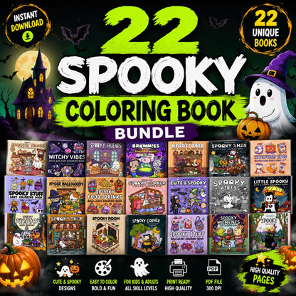 Spooky Coloring Book Bundle for Kids and Adults, 850+ Printable Pages PDF, Cozy Cute Witchy Halloween & Hygge Coloring Books