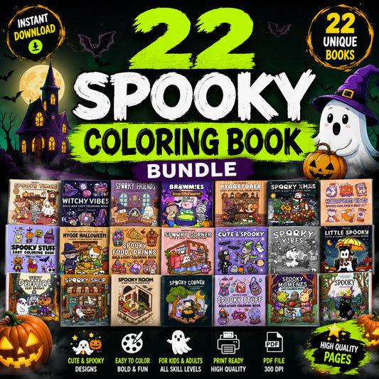 Spooky Coloring Book Bundle for Kids and Adults, 850+ Printable Pages PDF, Cozy Cute Witchy Halloween & Hygge Coloring Books