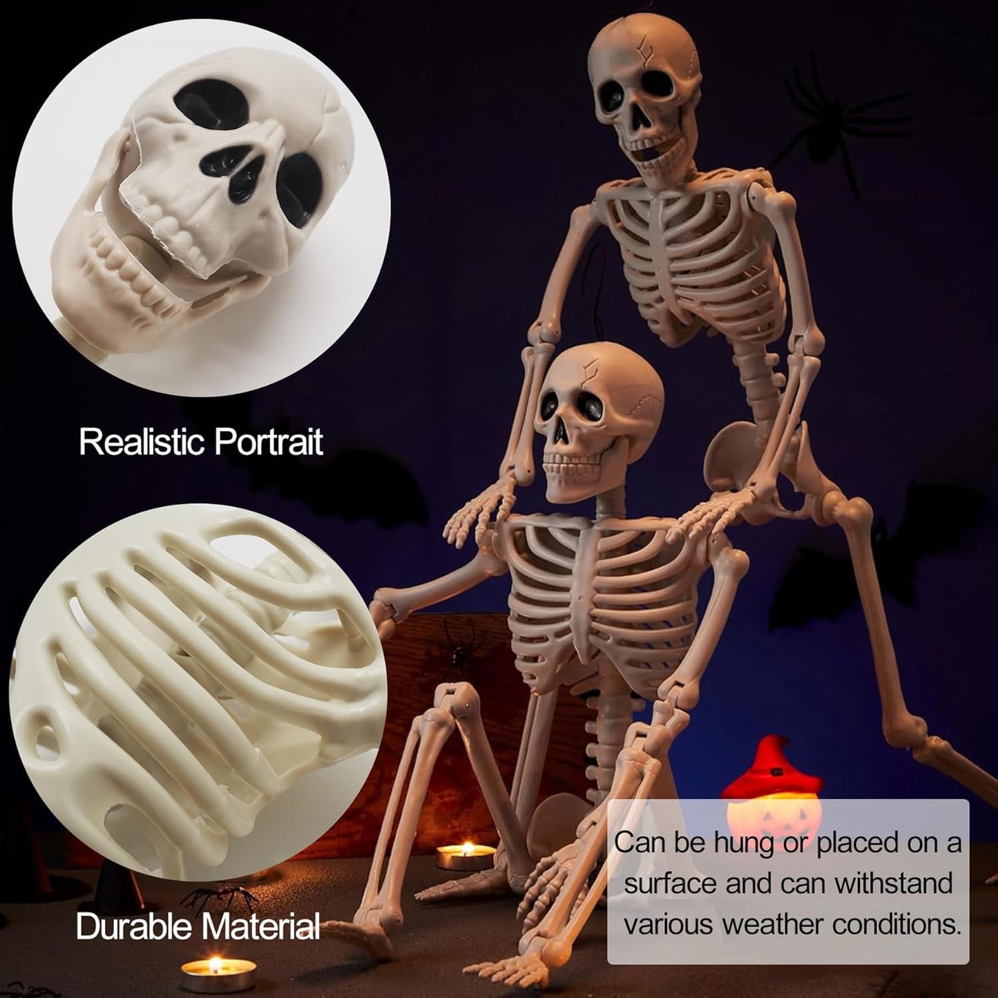 2 Pack Halloween Skeletons Decorations, 36" & 16" Plastic Poseable Skeleton with Realistic Movable Joints, Scary Spooky Skull Decor for Halloween Haunted Houses, Lawn, Graveyard (White)