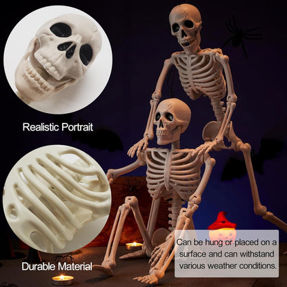2 Pack Halloween Skeletons Decorations, 36" & 16" Plastic Poseable Skeleton with Realistic Movable Joints, Scary Spooky Skull Decor for Halloween Haunted Houses, Lawn, Graveyard (White)