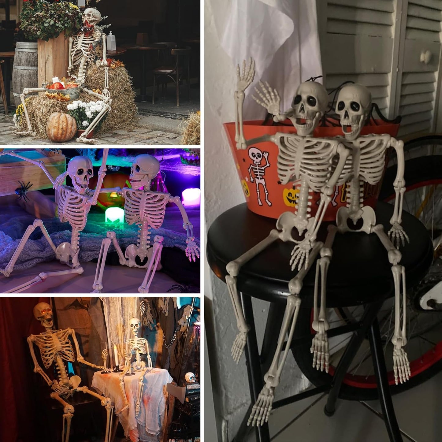 2 Pack Halloween Skeletons Decorations, 36" & 16" Plastic Poseable Skeleton with Realistic Movable Joints, Scary Spooky Skull Decor for Halloween Haunted Houses, Lawn, Graveyard (White)