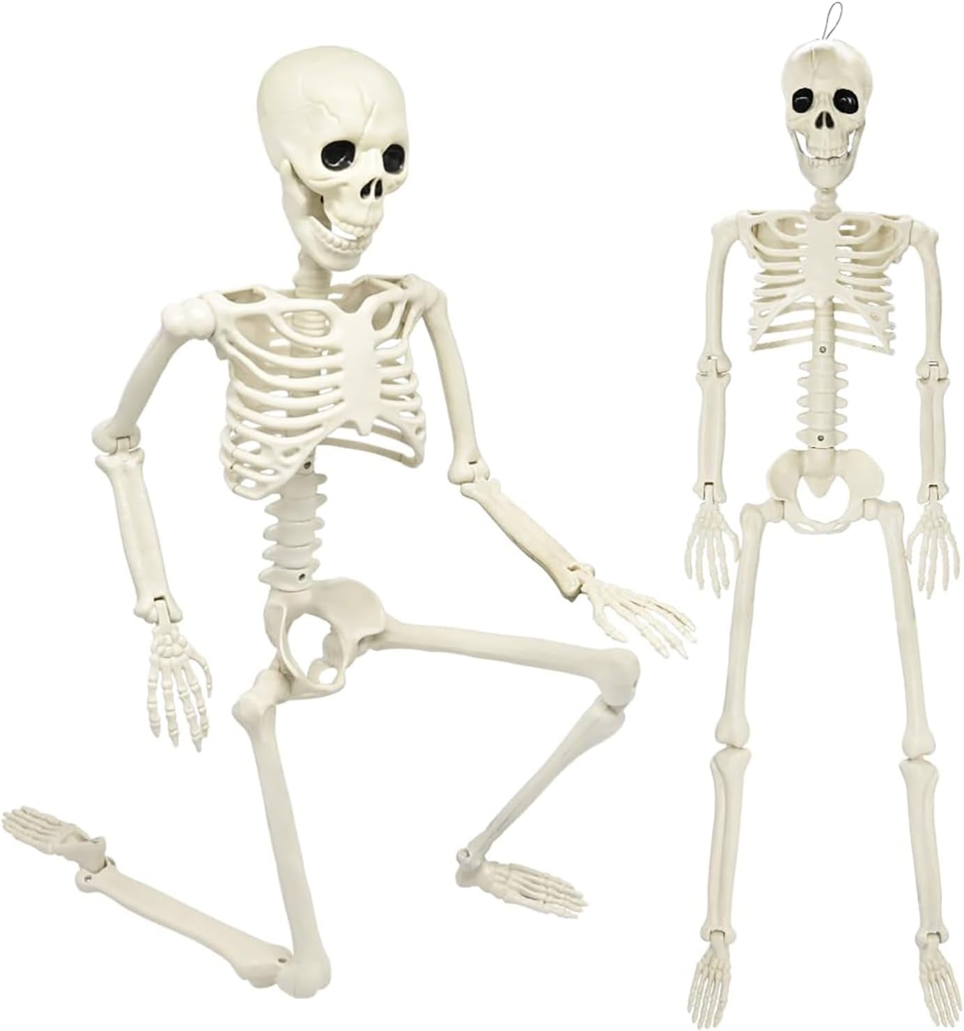 2 Pack Halloween Skeletons Decorations, 36" & 16" Plastic Poseable Skeleton with Realistic Movable Joints, Scary Spooky Skull Decor for Halloween Haunted Houses, Lawn, Graveyard (White)