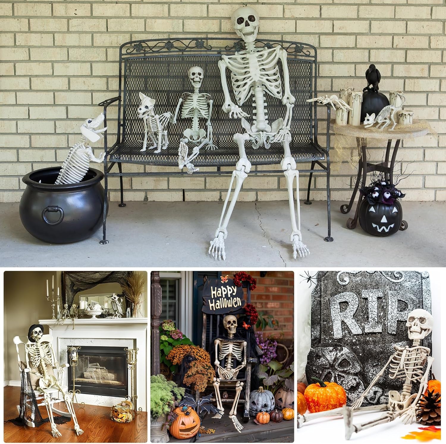 2 Pack Halloween Skeletons Decorations, 36" & 16" Plastic Poseable Skeleton with Realistic Movable Joints, Scary Spooky Skull Decor for Halloween Haunted Houses, Lawn, Graveyard (White)
