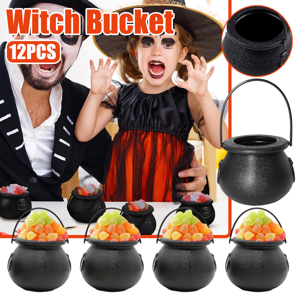 12PCS Halloween Witch Lantern Black Flame Candy Bucket Portable Decoration Props