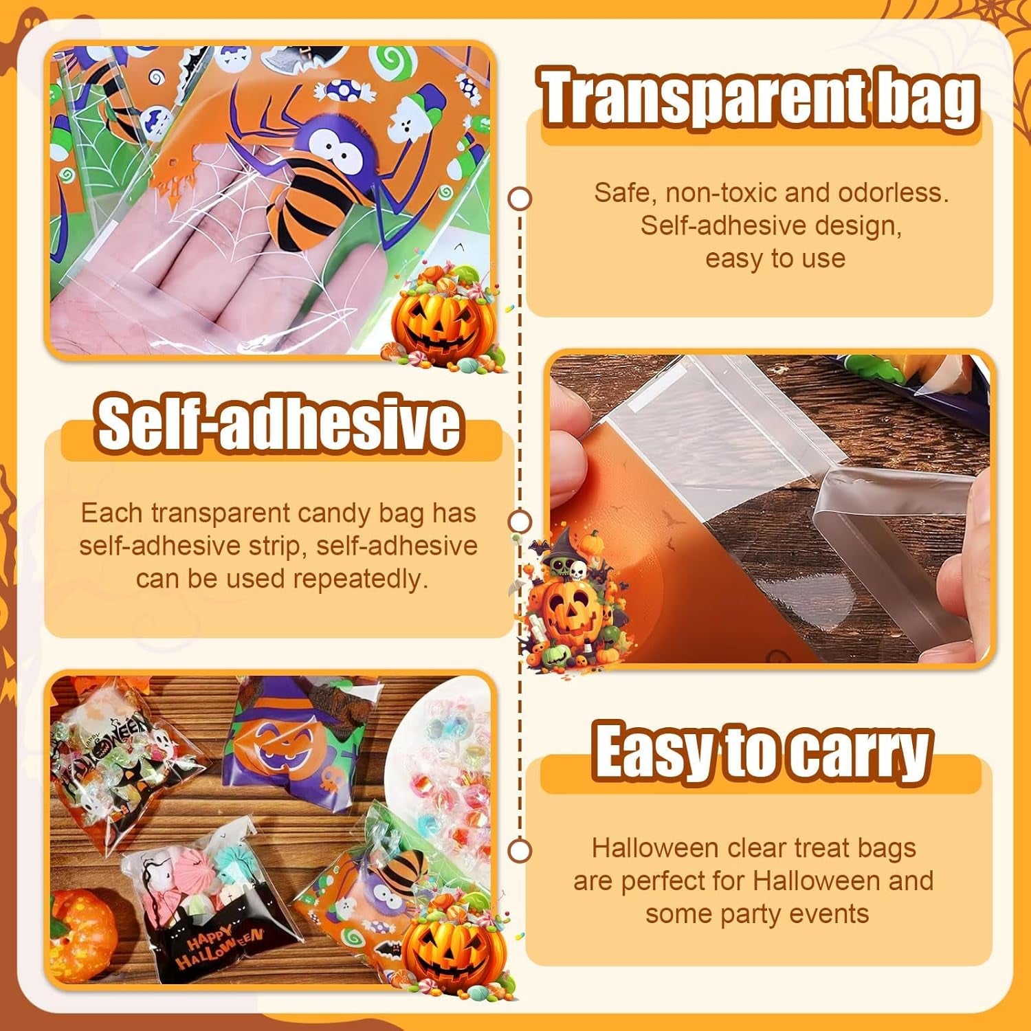 Halloween Treat Bags, 200 Pcs Halloween Candy Bags for Trick or Treat | Cellophane Goodie Snack Bags for Baking, Cookies, Candy, Pastries, Cakes, Snacks, Halloween Party Favors Supplies (4X4 Inch)