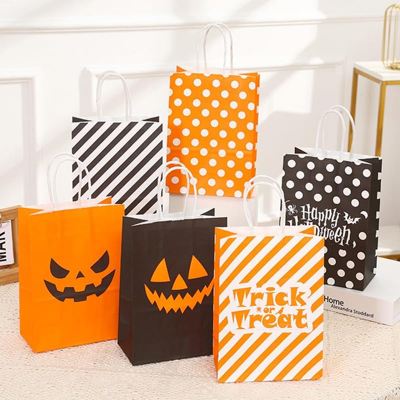 12Pcs Halloween Treat Bags with Handles，Mixtz Halloween Candy Bags for Kid，Goodie Snack Trick or Treating Party Bulk Supplies, 6 Patterns Tote Shopping Bag of 2 Each (12 Bags：Hallowmas 15×21×8Cm)