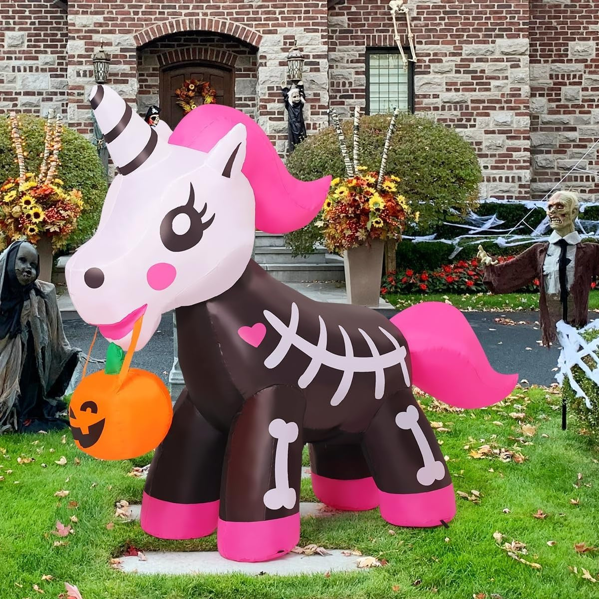 5 FT Halloween Inflatables Skeleton Unicorn Outdoor Decorations Blow up Yard Pin