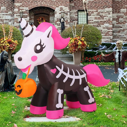 5 FT Halloween Inflatables Skeleton Unicorn Outdoor Decorations Blow up Yard Pin