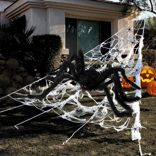 Halloween Decorations 500Cm Spiders Web Outdoor Decor + 125Cm Giant Spider Decorations Fake Spider + 20Pcs Small Spiders and Cotton for Indoor Outdoor Decorations Yard Lawn Parties Haunted House Décor