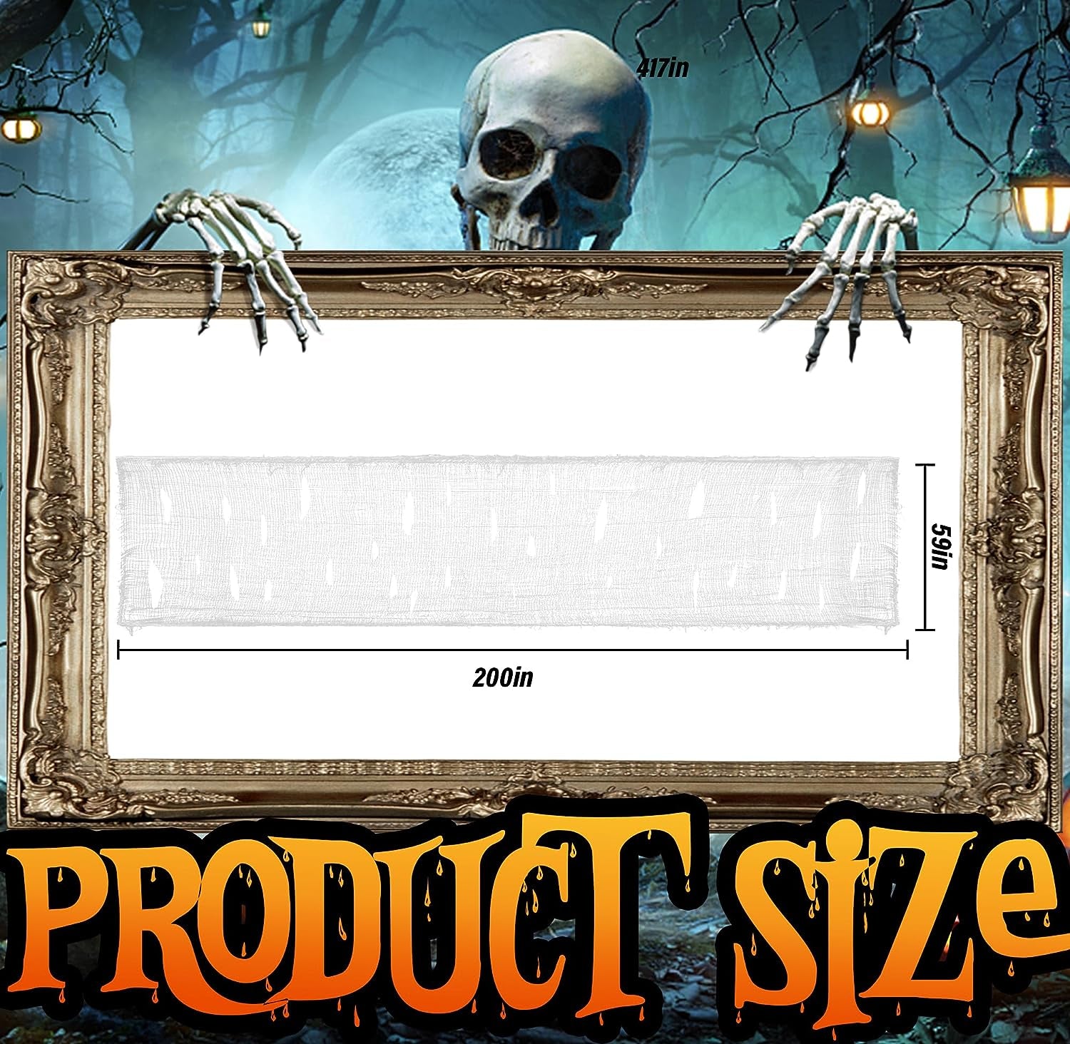 200" X 59" Halloween Spooky Cloth - Black Creepy Spooky Halloween Decorations - Large Size Scary Creepy Gauze for Halloween Party Supplies Stairway Window Table Doorways Decor (1.5X5.08, White)