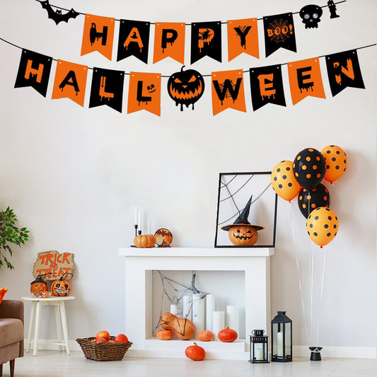 Happy Halloween Banner Decorations, Pumpkin Halloween Bunting Hanging Banner Outdoor Indoor for Halloween Decor Home Office Party Favor Decor Supplies All Hallows' Day