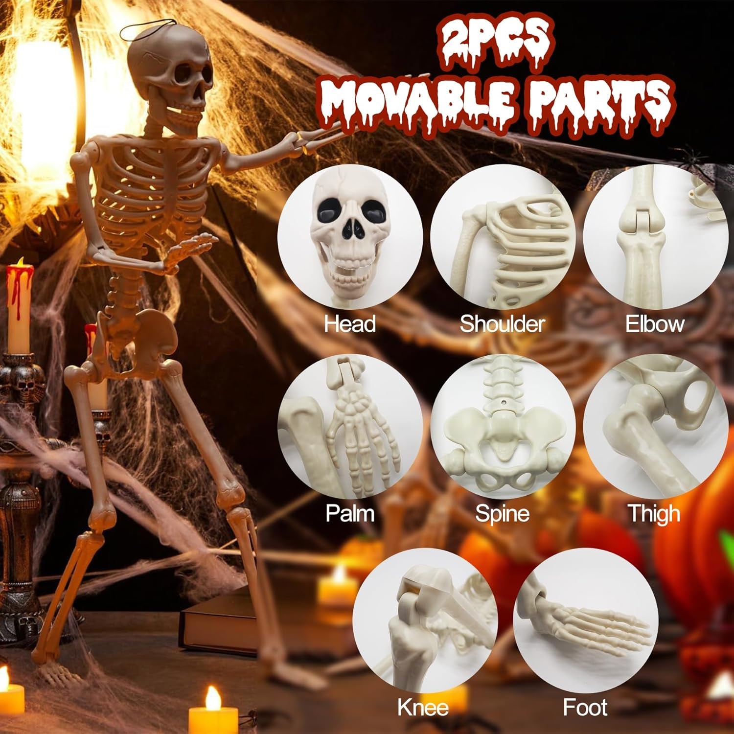 2 Pack Halloween Skeletons Decorations, 36" & 16" Plastic Poseable Skeleton with Realistic Movable Joints, Scary Spooky Skull Decor for Halloween Haunted Houses, Lawn, Graveyard (White)