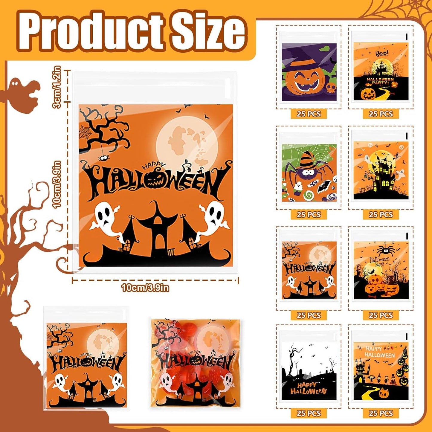Halloween Treat Bags, 200 Pcs Halloween Candy Bags for Trick or Treat | Cellophane Goodie Snack Bags for Baking, Cookies, Candy, Pastries, Cakes, Snacks, Halloween Party Favors Supplies (4X4 Inch)