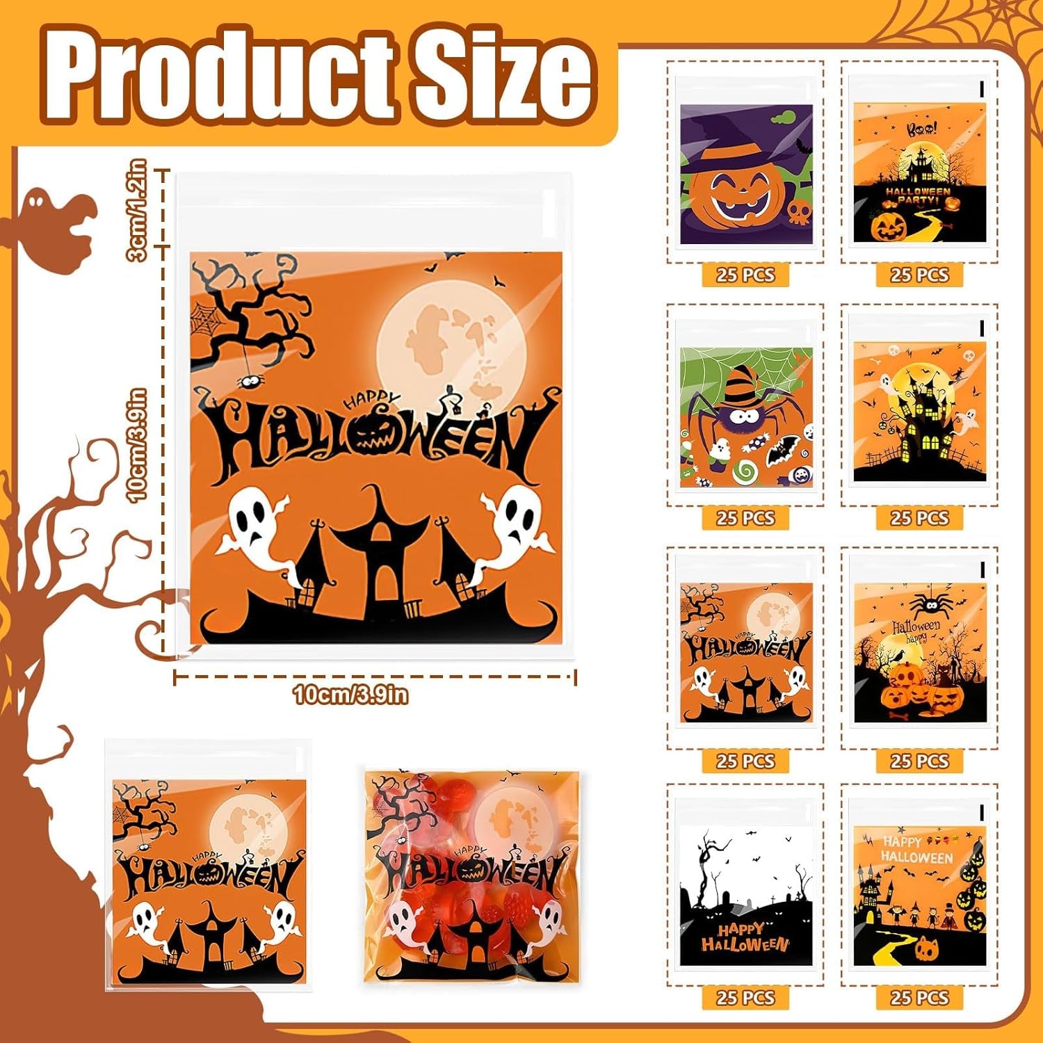 Halloween Treat Bags, 200 Pcs Halloween Candy Bags for Trick or Treat | Cellophane Goodie Snack Bags for Baking, Cookies, Candy, Pastries, Cakes, Snacks, Halloween Party Favors Supplies (4X4 Inch)
