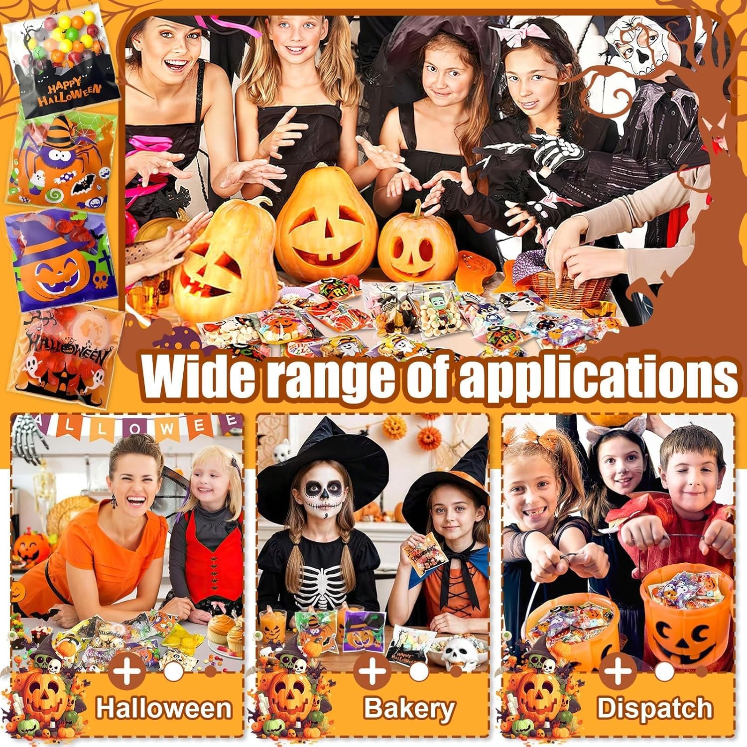 Halloween Treat Bags, 200 Pcs Halloween Candy Bags for Trick or Treat | Cellophane Goodie Snack Bags for Baking, Cookies, Candy, Pastries, Cakes, Snacks, Halloween Party Favors Supplies (4X4 Inch)