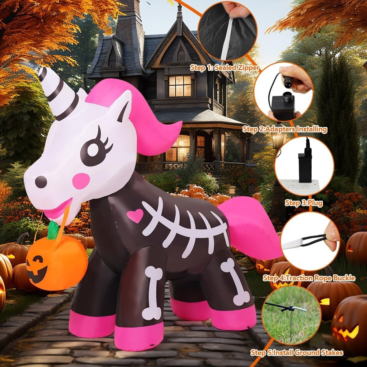 5 FT Halloween Inflatables Skeleton Unicorn Outdoor Decorations Blow up Yard Pin