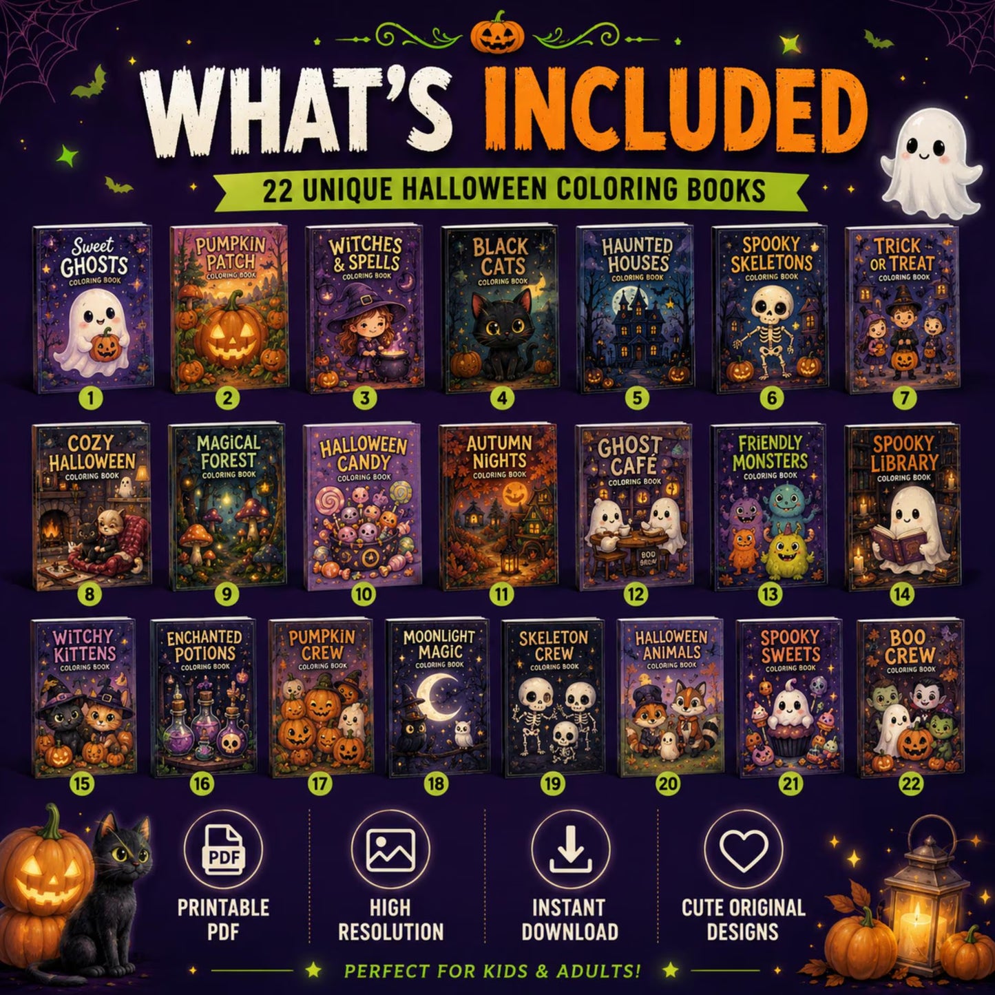 Spooky Coloring Book Bundle for Kids and Adults, 850+ Printable Pages PDF, Cozy Cute Witchy Halloween & Hygge Coloring Books
