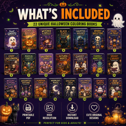 Spooky Coloring Book Bundle for Kids and Adults, 850+ Printable Pages PDF, Cozy Cute Witchy Halloween & Hygge Coloring Books