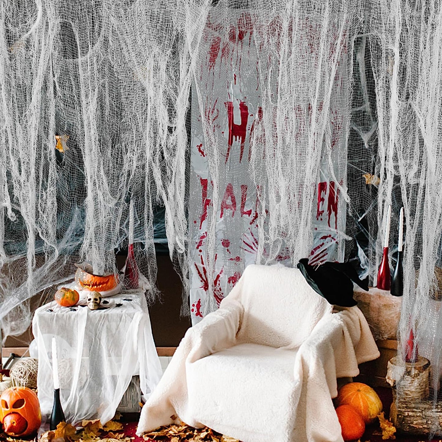 200" X 59" Halloween Spooky Cloth - Black Creepy Spooky Halloween Decorations - Large Size Scary Creepy Gauze for Halloween Party Supplies Stairway Window Table Doorways Decor (1.5X5.08, White)