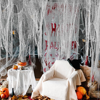200" X 59" Halloween Spooky Cloth - Black Creepy Spooky Halloween Decorations - Large Size Scary Creepy Gauze for Halloween Party Supplies Stairway Window Table Doorways Decor (1.5X5.08, White)