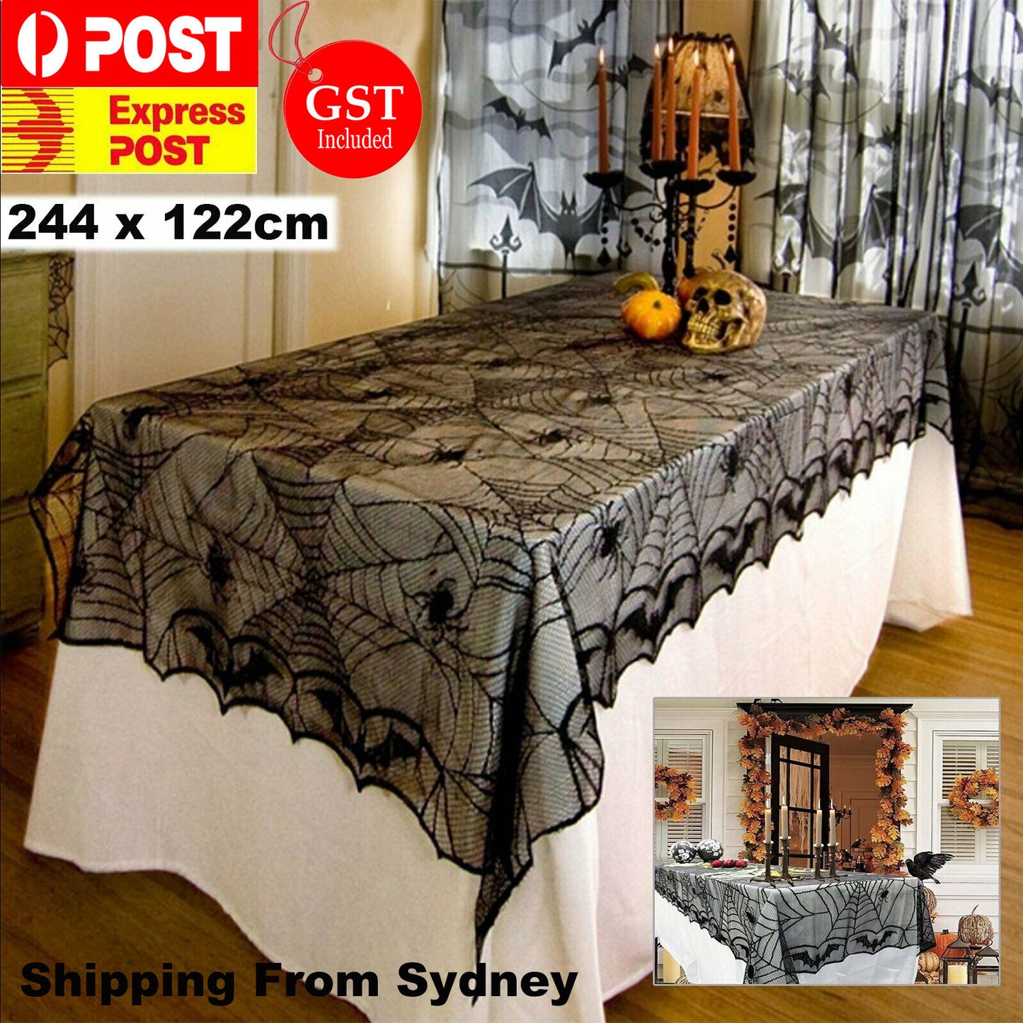 Halloween Tablecloth Black Lace Spider Web Table Cover Rectangle Party Fireplac