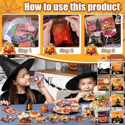 Halloween Treat Bags, 200 Pcs Halloween Candy Bags for Trick or Treat | Cellophane Goodie Snack Bags for Baking, Cookies, Candy, Pastries, Cakes, Snacks, Halloween Party Favors Supplies (4X4 Inch)