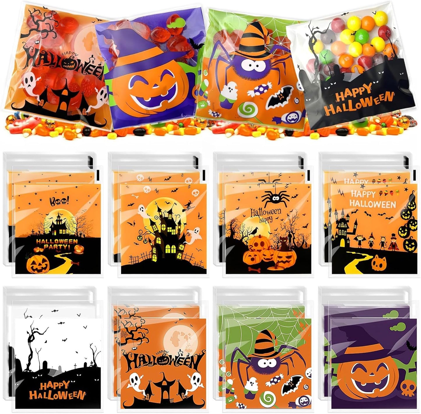 Halloween Treat Bags, 200 Pcs Halloween Candy Bags for Trick or Treat | Cellophane Goodie Snack Bags for Baking, Cookies, Candy, Pastries, Cakes, Snacks, Halloween Party Favors Supplies (4X4 Inch)