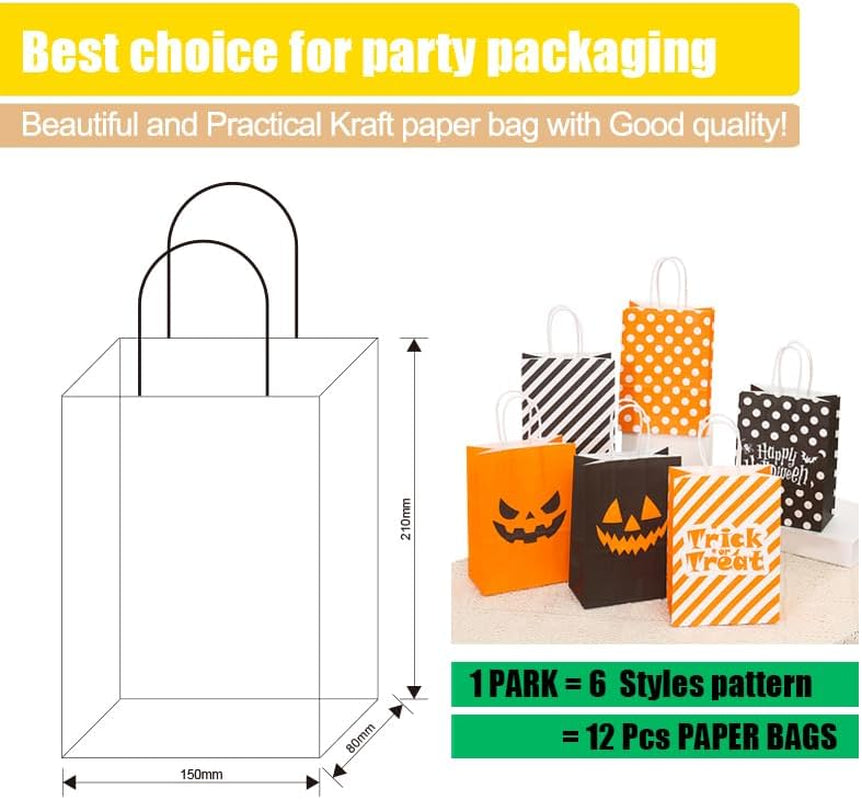 12Pcs Halloween Treat Bags with Handles，Mixtz Halloween Candy Bags for Kid，Goodie Snack Trick or Treating Party Bulk Supplies, 6 Patterns Tote Shopping Bag of 2 Each (12 Bags：Hallowmas 15×21×8Cm)