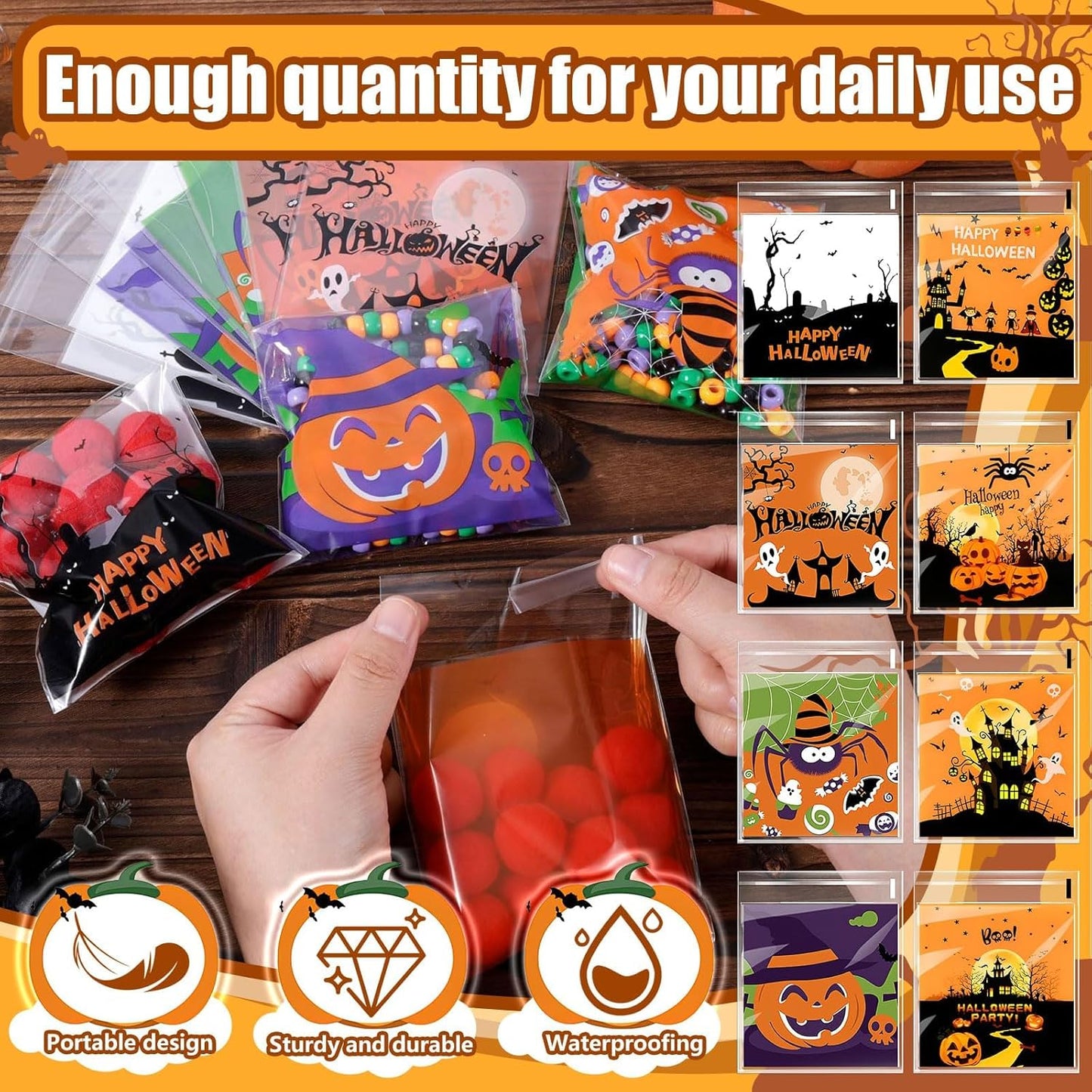 Halloween Treat Bags, 200 Pcs Halloween Candy Bags for Trick or Treat | Cellophane Goodie Snack Bags for Baking, Cookies, Candy, Pastries, Cakes, Snacks, Halloween Party Favors Supplies (4X4 Inch)