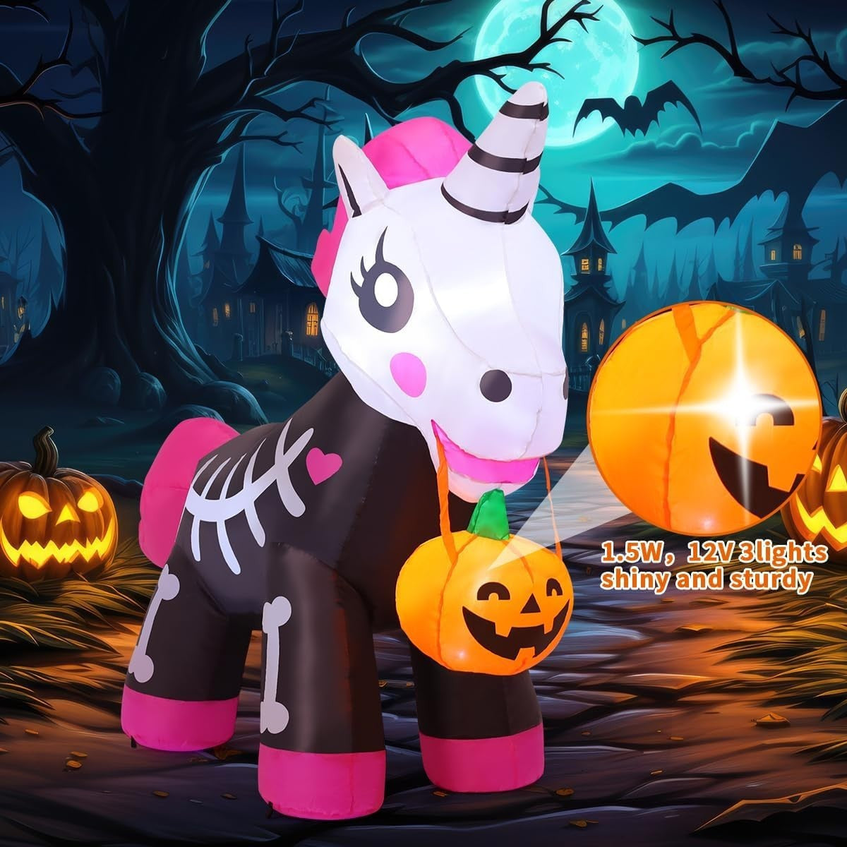5 FT Halloween Inflatables Skeleton Unicorn Outdoor Decorations Blow up Yard Pin