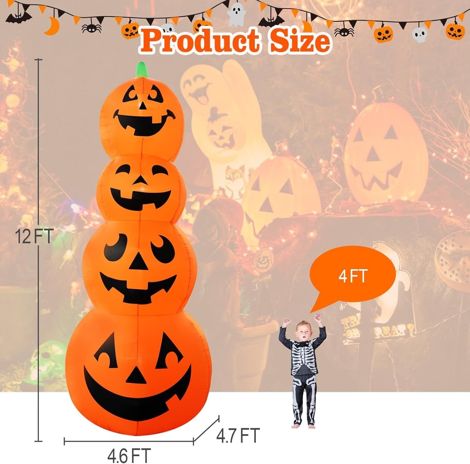 12FT Giant Halloween Inflatable Stacked Pumpkin Decoration, Halloween Blows up P