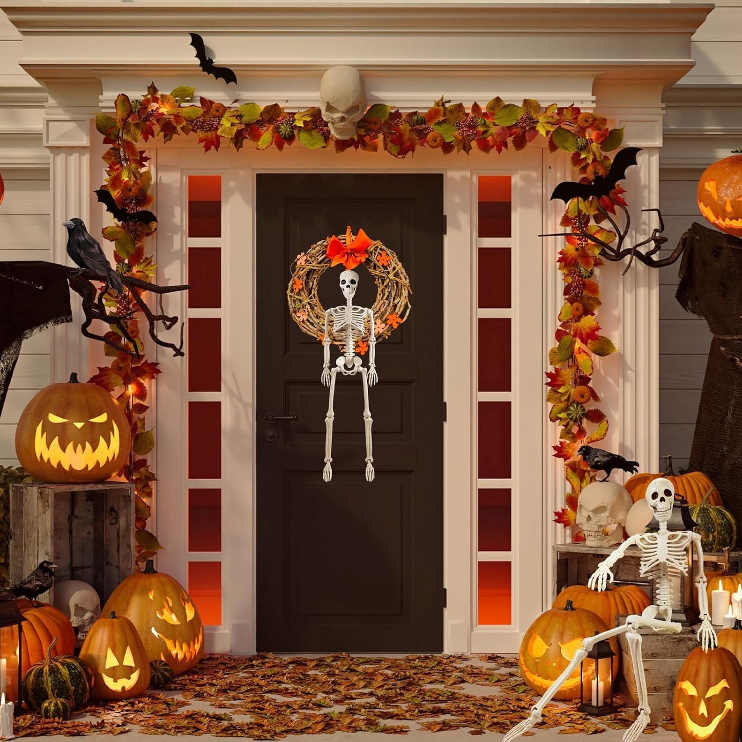2 Pack Halloween Skeletons Decorations, 36" & 16" Plastic Poseable Skeleton with Realistic Movable Joints, Scary Spooky Skull Decor for Halloween Haunted Houses, Lawn, Graveyard (White)