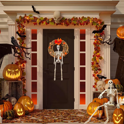 2 Pack Halloween Skeletons Decorations, 36" & 16" Plastic Poseable Skeleton with Realistic Movable Joints, Scary Spooky Skull Decor for Halloween Haunted Houses, Lawn, Graveyard (White)