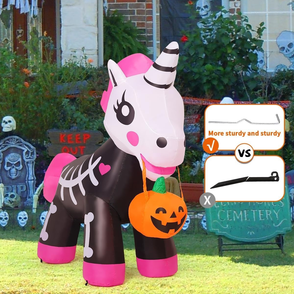 5 FT Halloween Inflatables Skeleton Unicorn Outdoor Decorations Blow up Yard Pin