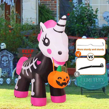 5 FT Halloween Inflatables Skeleton Unicorn Outdoor Decorations Blow up Yard Pin