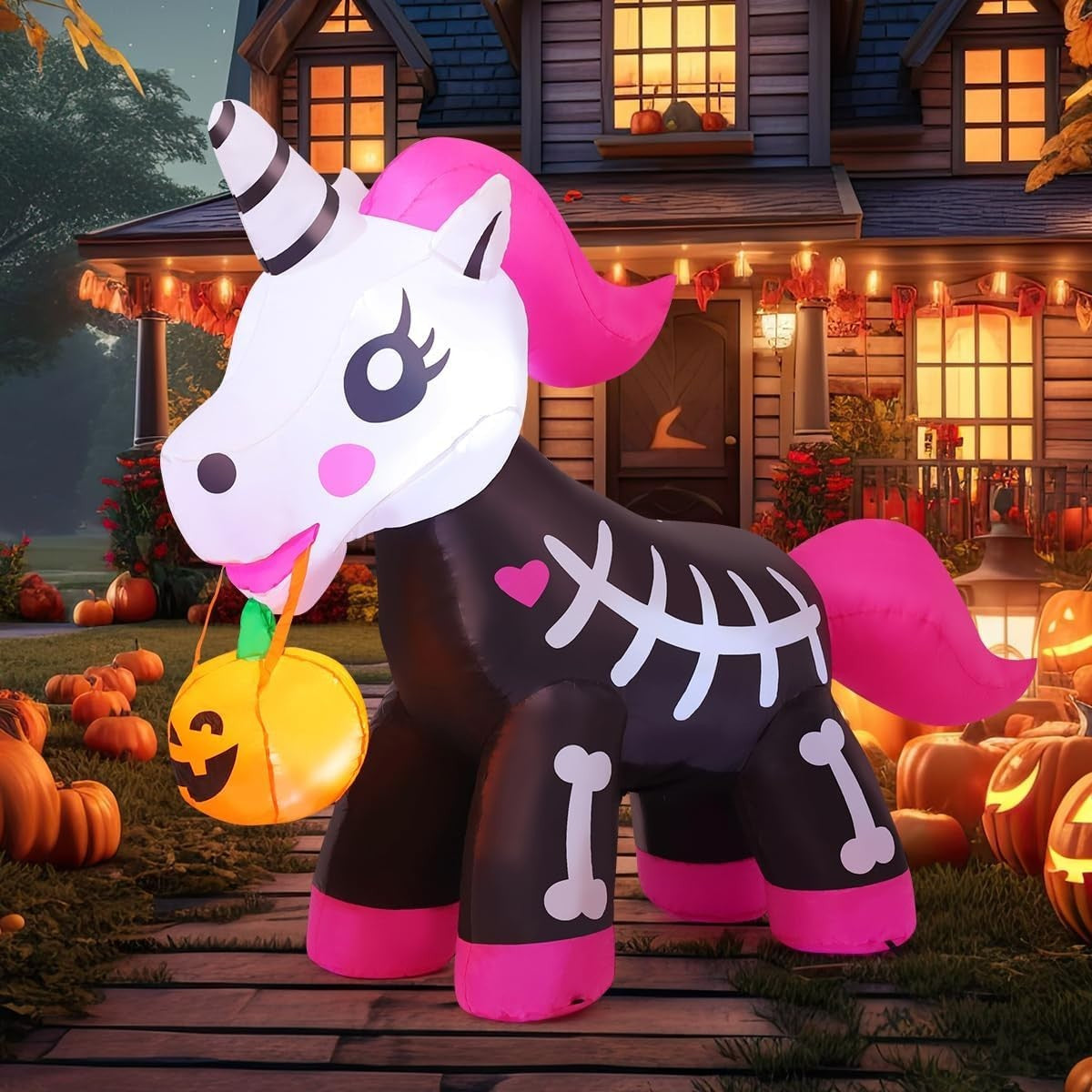 5 FT Halloween Inflatables Skeleton Unicorn Outdoor Decorations Blow up Yard Pin
