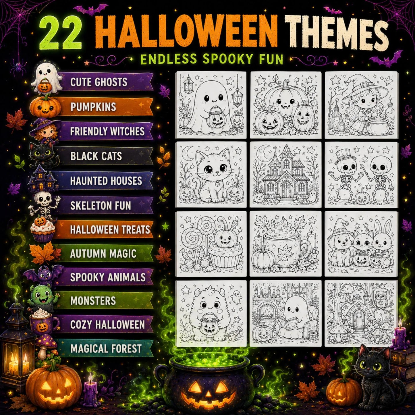 Spooky Coloring Book Bundle for Kids and Adults, 850+ Printable Pages PDF, Cozy Cute Witchy Halloween & Hygge Coloring Books
