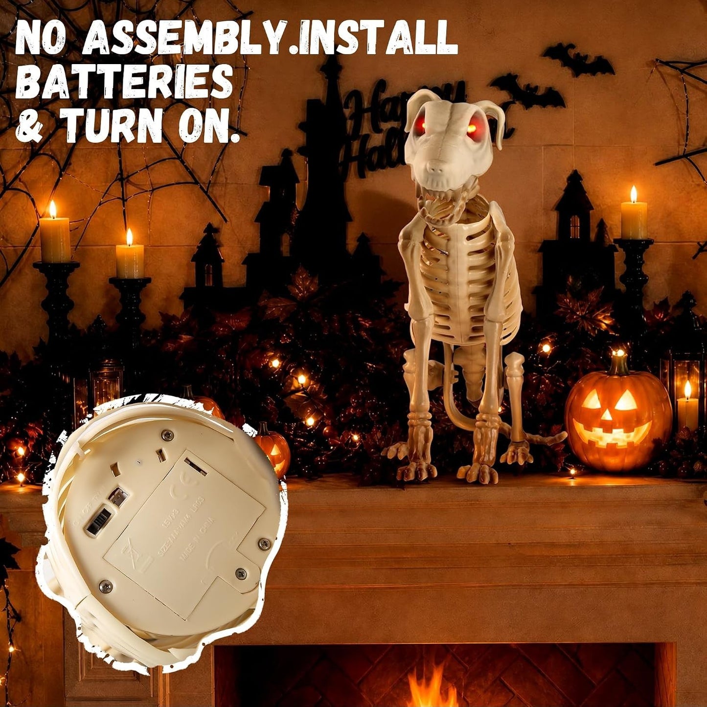 Halloween Animatronic Skeleton Dog Decoration 15 Inch, Sound & Touch Activated H
