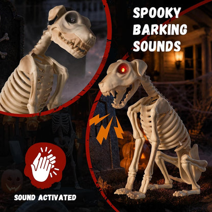 Halloween Animatronic Skeleton Dog Decoration 15 Inch, Sound & Touch Activated H