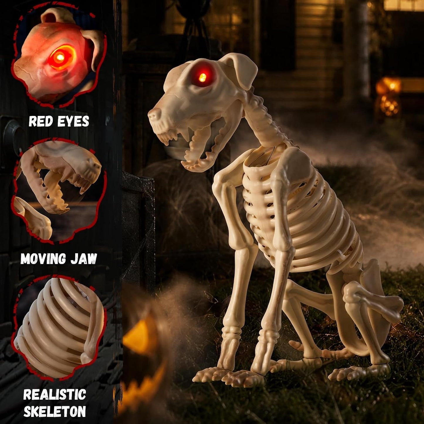 Halloween Animatronic Skeleton Dog Decoration 15 Inch, Sound & Touch Activated H