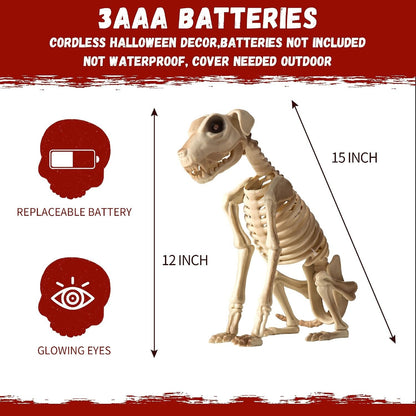 Halloween Animatronic Skeleton Dog Decoration 15 Inch, Sound & Touch Activated H